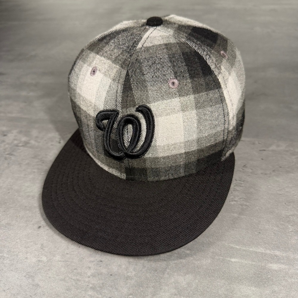 Vintage Washington Nationals Hat New Era Cap 7 Black‎ Gray White Plaid Wool Y2K